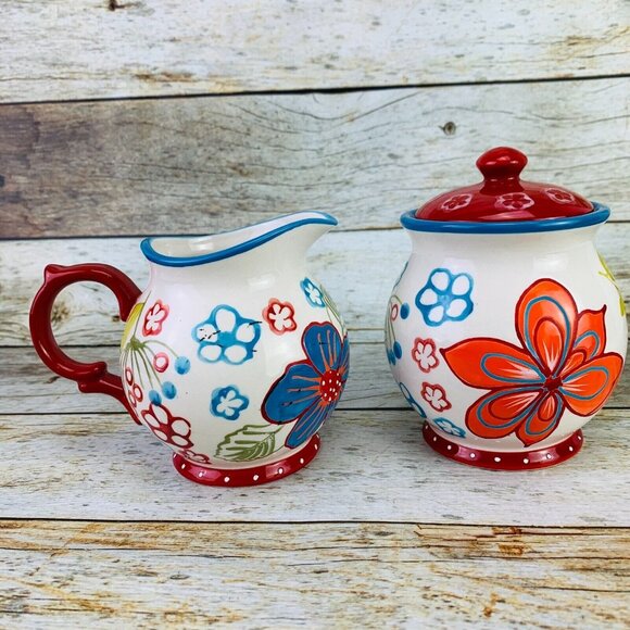 Dutch Wax Coastline Imports Hand Painted Bright Floral Lid Sugar & Creamer Set - Picture 3 of 9